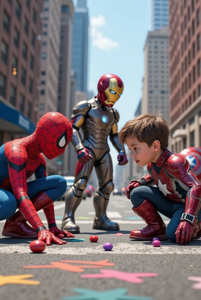 A boy wearing a suit, tie, and shoes walks through the majestic city center and is escorted by Iron Man, Spiderman, and the Hulk.