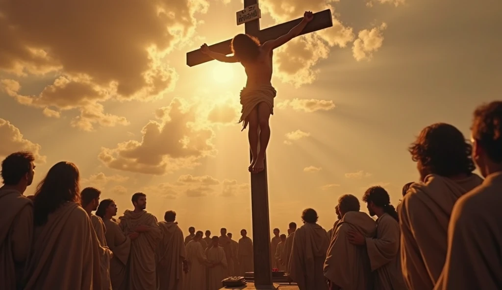 people worshiping god,looking to the sky, peigen in center in the top, cross in the background of peigen ,cinematic ,4k,