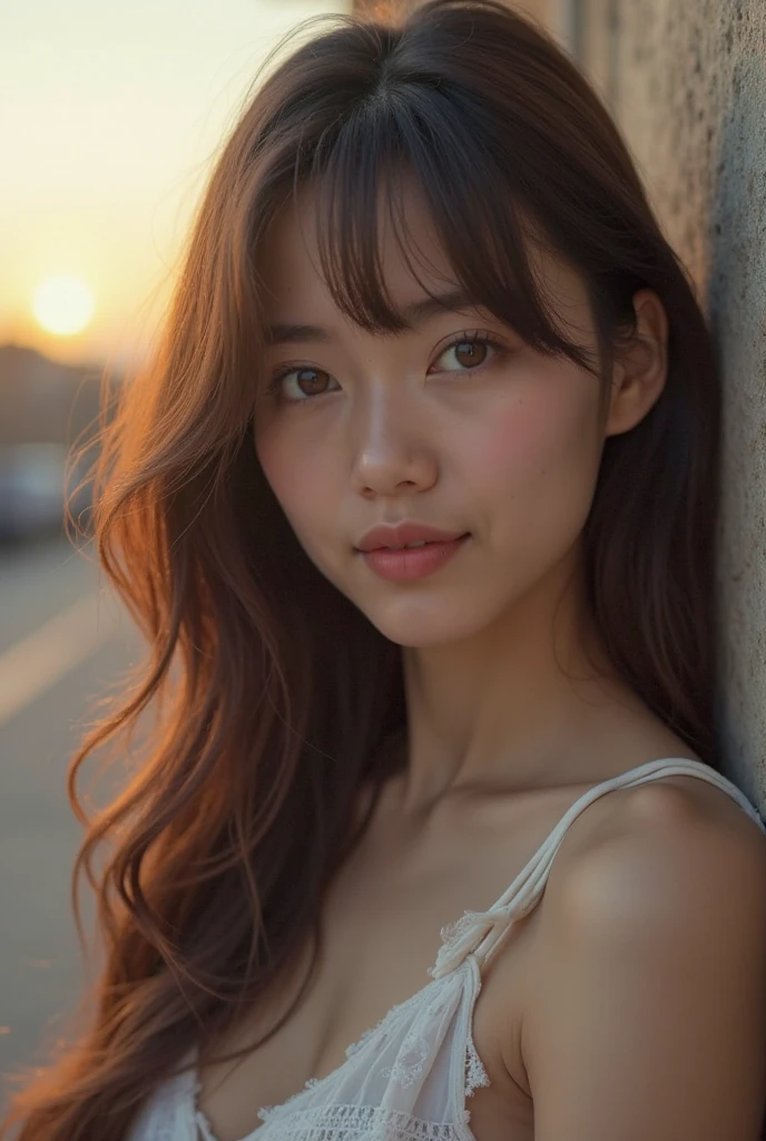 a beautiful young woman with dark hair standing in front of the sun setting behind her, beautiful young face, beautiful fine face features, young beautiful face, beautiful japanese girls face, gorgeous face portrait, young female face, portrait sophie mudd, very pretty face, beautiful young girl, asian beautiful face, a beautiful teen-aged girl, beautiful portrait image, photography portrait 4 k, beautiful face portrait, very beautiful young woman, beautiful face, beautiful model girl, portrait of beautiful girl, beautiful girl portrait, soft portrait shot 8 k