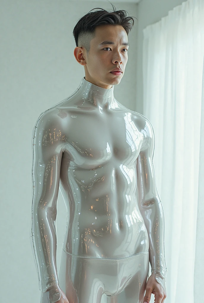 Futuristic rubber high waisted white leotard, skin tight, hair visible, hands visible, gloves, boots, toned male, young man, shiny leotard, hands covered, handsome boy, big bulge , thick thighs , thick hips , handsome Korean man , K-pop idol, (bare thighs), exposed thighs , sexy , NSFW , eroticism , epic reality , epic photorealistic , bottomless , detail face , epic reality , ultra realism