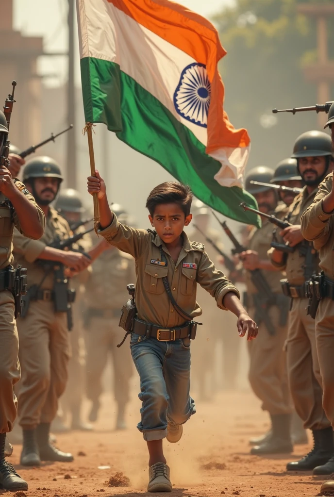 There is an Indian soldier. He has the Indian flag in his hand. There is a gun hanging on his shoulder. There is a smiling small child in his lap. That child is wearing a tricolor jersey with Jai Hind written on it. There are 15-20 more soldiers in the background. The Indian map is faintly visible in the background.
