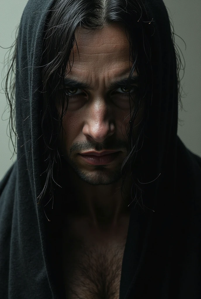 The character has a very intense and powerful appearance.. His hair is black and messy, falling on his forehead and around his face. The character's skin is marked with cracks, giving it a cracked appearance and possibly indicating some kind of power or special condition.