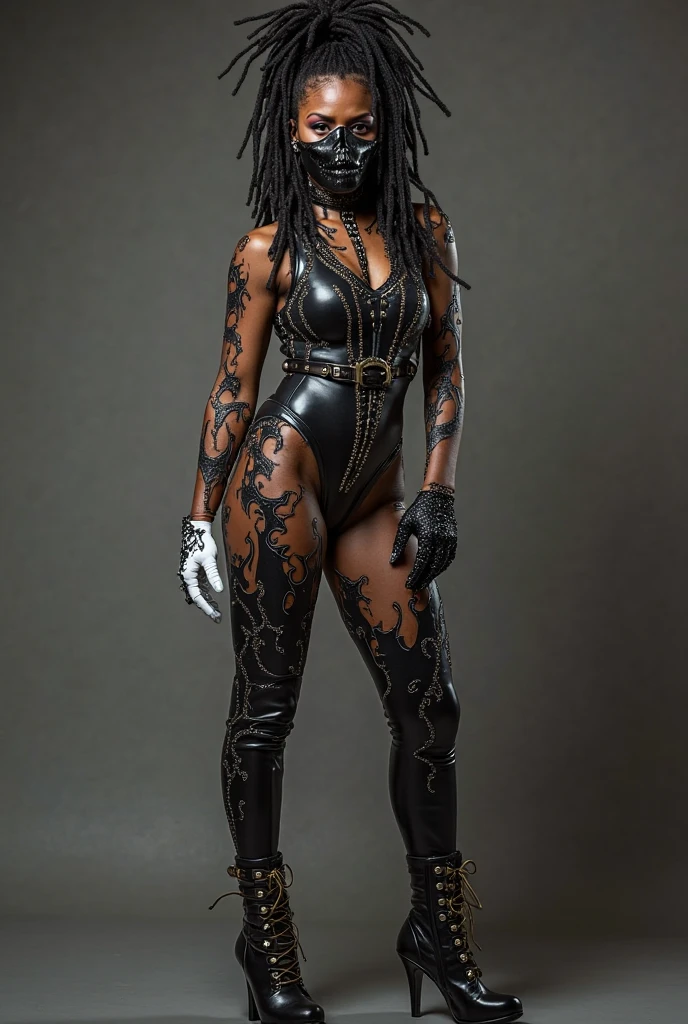 ((best quality)), ((4k)), ((highres)), ((masterpiece:1.2)). ((detailed)), ((ultra realistic)), ((intricate details)), ((full body picture)), ((solo character)), a full body picture of a beautifull Ebony skinned female, black woman, dark skin, ebony princess, ebony model, perfect face, detailed eyes, detailed lips, about 25 years old, about 5'7 ft. tall, long thin black dreadlocks down to her hips, ((emphasis on her long thin black dreadlocks down to her hips)), pretty, feminine woman, toned body but not too muscular looking, hourglass figure, dressed in a skin-tight sleeveless full body orange jumpsuit, ((emphasis on the skin-tight sleeveless full body orange jumpsuit)), gold adornments, showing cleavage, glamorous, strappy lace up high, fighting game character concept art, tekken character design, the king of fighters character concept, full bofy, full body concept art, full body art
