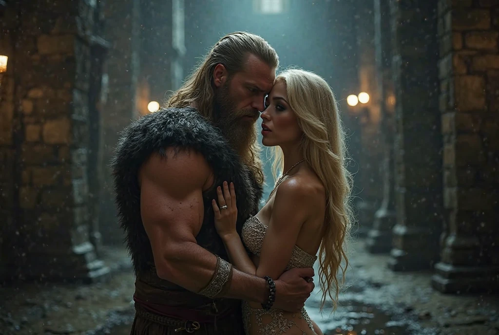 Award-winner photo, A Viking warrior having sex with a beautiful Valkyrie at the Asgard, masterpiece, intricate details, sharp focus, depth of field, Netflix, hbo, dc, Zack snyder, epic movie, film grain, cold cloudy sky, storm, cozy, rim light