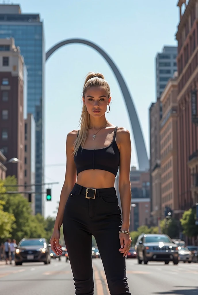 (realistic,photography:1.2), full body shot, slender sexy woman, 28 years old, techno aesthetic, techno fashion, festival outfit, tight Crop Top, white tight skinny jeans, black make-up, smoky eyes, neon lights, cityscape background, vibrant colors, high contrast lighting, dramatic pose, confident expression, urban vibe, night scene, dynamic composition, edgy atmosphere, energetic mood, futuristic elements, bold hair color, high-resolution image, crystal-clear details