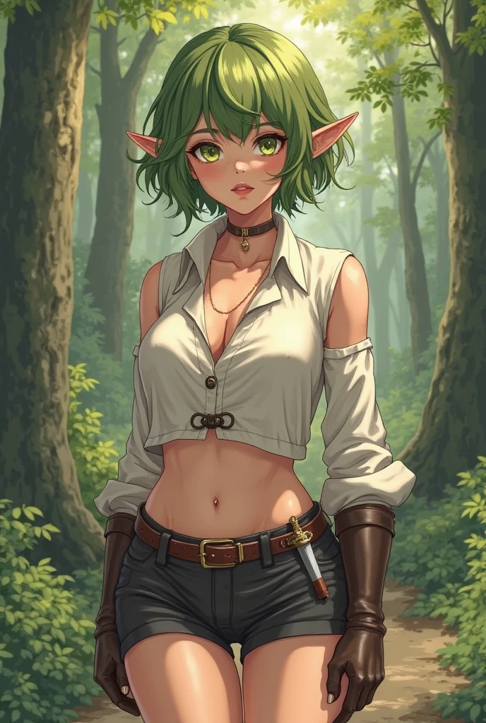 green skin, goblin, adventurer, backpack, spear, leather belt, vest, long ears, pointy ears, elf ears, thin clothes, open shirt, breasts, curvy, ecchi, short, shortstack, self grope, breast grab, breast grope, mega milk, nsfw, nipples, grin, 1girl