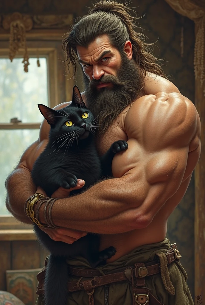 40 year old muscular man with a beard , with glasses and a Siamese cat 
