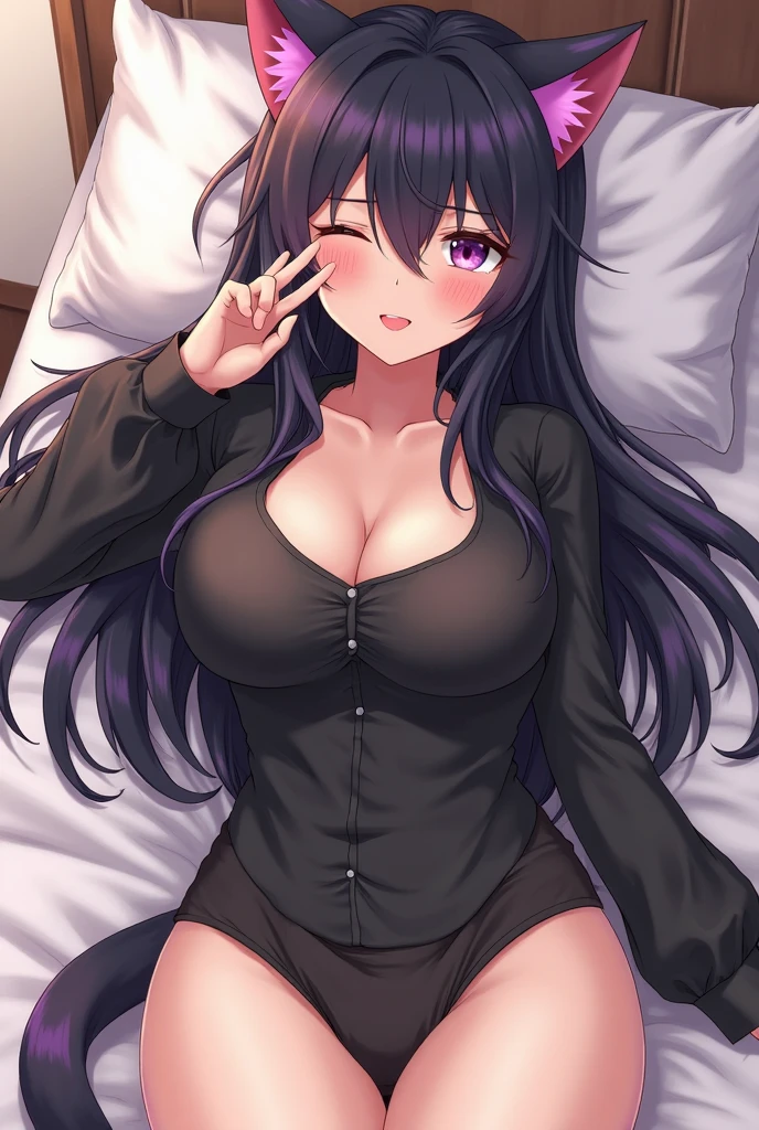 2 girls, black hair, open shirt, very long hair, breasts, in bed, best quality, blushing, rolling eyes, looking at the audience, teacher, big tits temptation, busty body, 8K, open chest