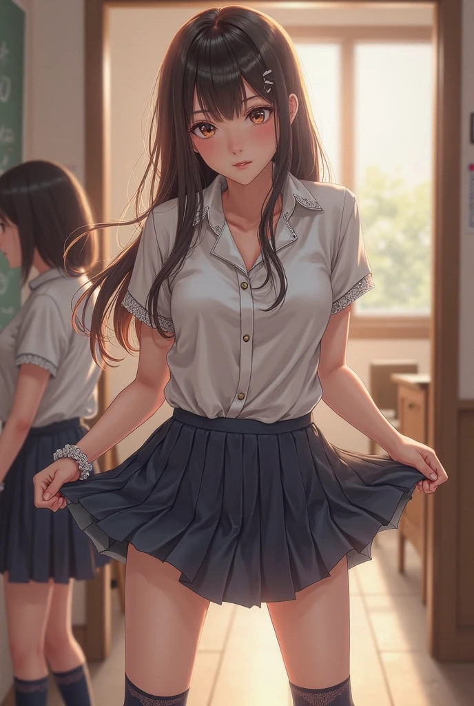 (masterpiece, highest quality, High resolution, 超High resolution, Perfect Pixel, Depth of written boundary, 4K, RTTX 10.0, High resolution))), (One woman:1.3), Beautiful Anime Women, Beautiful art style, Anime characters, ((Detailed face:1.2)), ((Smooth texture:0.75, Realistic texture:0.5, Anime CG Style)), (Maximum resolution: 1.2), Cinema Lighting, ((highest quality)), ((masterpiece)), (High resolution), 8K, Best Shadow, The best natural light, Cinematic, 1 Female,brown hair, ,,Beautiful breasts,sweater,Pleated skirt,Stylish,,(Look forward)(((Blushing、Surprised expression)), (pussy juice:1.2), (School classroom:1.3)