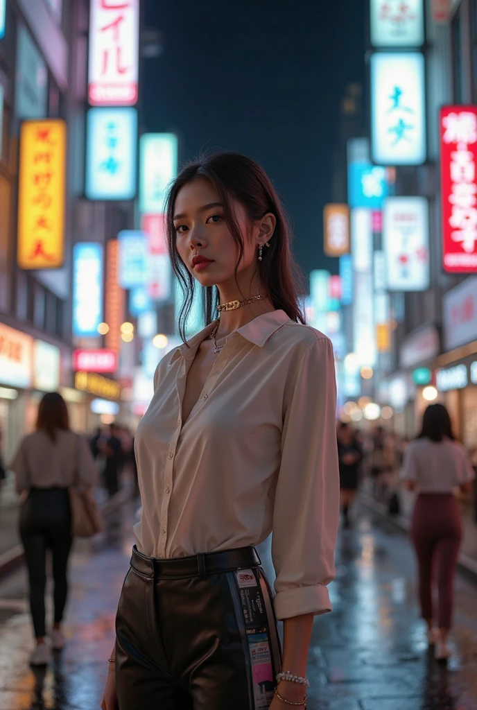 ((Best quality)), ((masterpiece)), ((realistic)), depict Christy JKT48 in his white outfit, an urban cityscape at dusk. The scene should be filled with intense action and dynamic energy. The lighting should be dramatic, with vibrant neon lights illuminating the surroundings. The artwork should be created in the style of manga, specifically inspired by the works of Hokusai. Utilize digital painting as the medium to capture the intricate details and convey the intensity of the scene. The artwork should be dynamic and action-packed, with a color scheme that includes vibrant blues, purples, and oranges. Employ cel-shaded 3D computer graphics to add depth and a unique visual style to the composition. Ensure the artwork is of high quality, with a focus on achieving a realistic portrayal of the character and his surroundings.