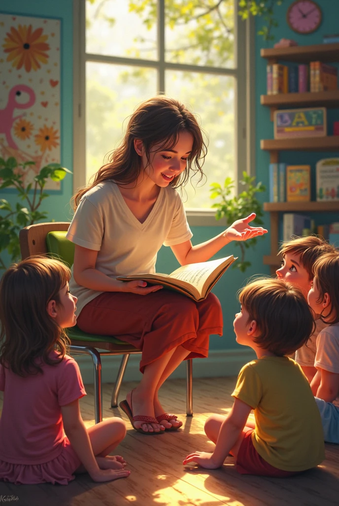 a popular female storytime animator with purple shirt