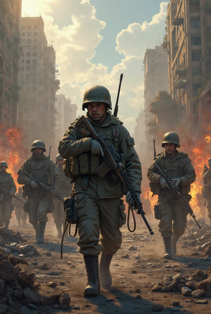 A group of WW2 soldiers fighting in a chaotic, apocalyptic cityscape, rendered in photorealistic 16:9. --auto