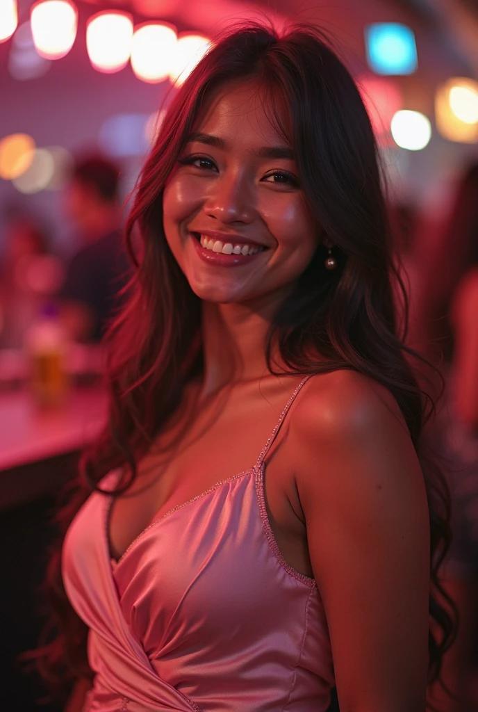 black hair, solo woman, long eyelashes, brown eyes, cute smile, cinematic lighting, 8k, super detail, accurate, best quality, high details, textured skin, anatomically correct, masterpiece, retina, high quality, long curly hair, textured skin, wearing long black dress, in a club