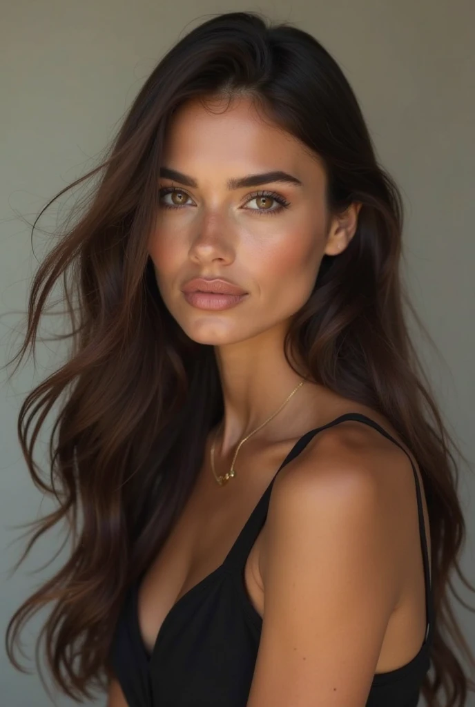 a very realistic and detailed close up portrait of beautiful french woman, black skirt, perfect makeup, long sleek straight dark blonde hair, high quality, photorealistic, 8k, luxury, elegant, sophisticated, confident, studio lighting, cinematic, piercing eyes, full lips, sharp focus, olive skin 