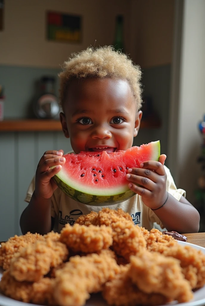 a little very black  chubby toddler with a big Afro eating a slice of watermelon in a watermelon patch