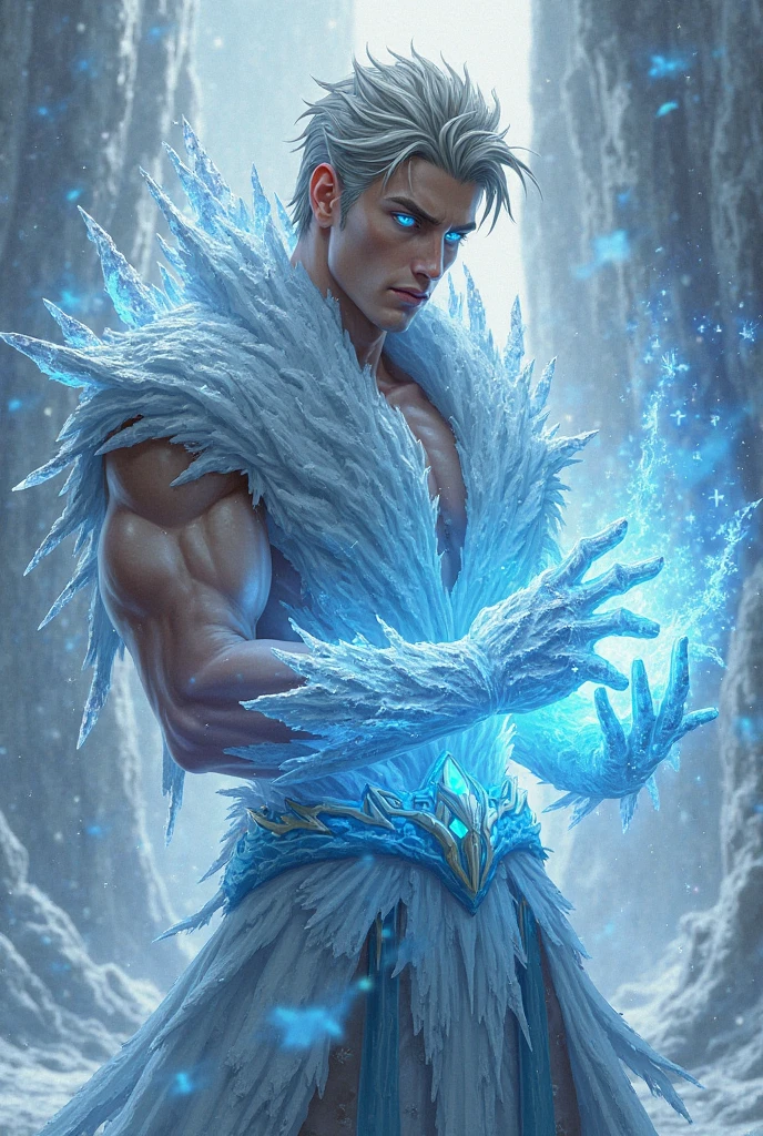 ic34rmor, wearing ice bodysuit, see-through, dynamic pose, fantasy ice palace background, indoors, face portrait, (close up:1.2), nude, erection, aquamarine hair, pectorals, abs, outdoors, snow, smirk, cape, dancing, crown, best quality, masterpiece, detailed background, depth of field, intricate details