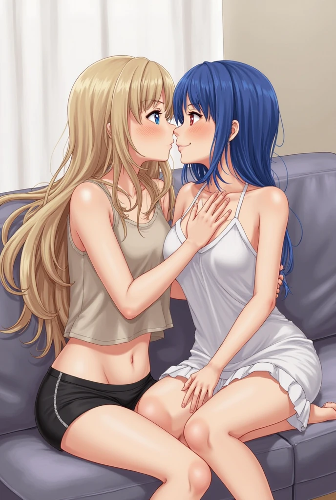 TwoエルフBeautiful girls、Licking each other、between legs、、Summer Sea、(nake)Anime Style、Fluffy wavy hair
