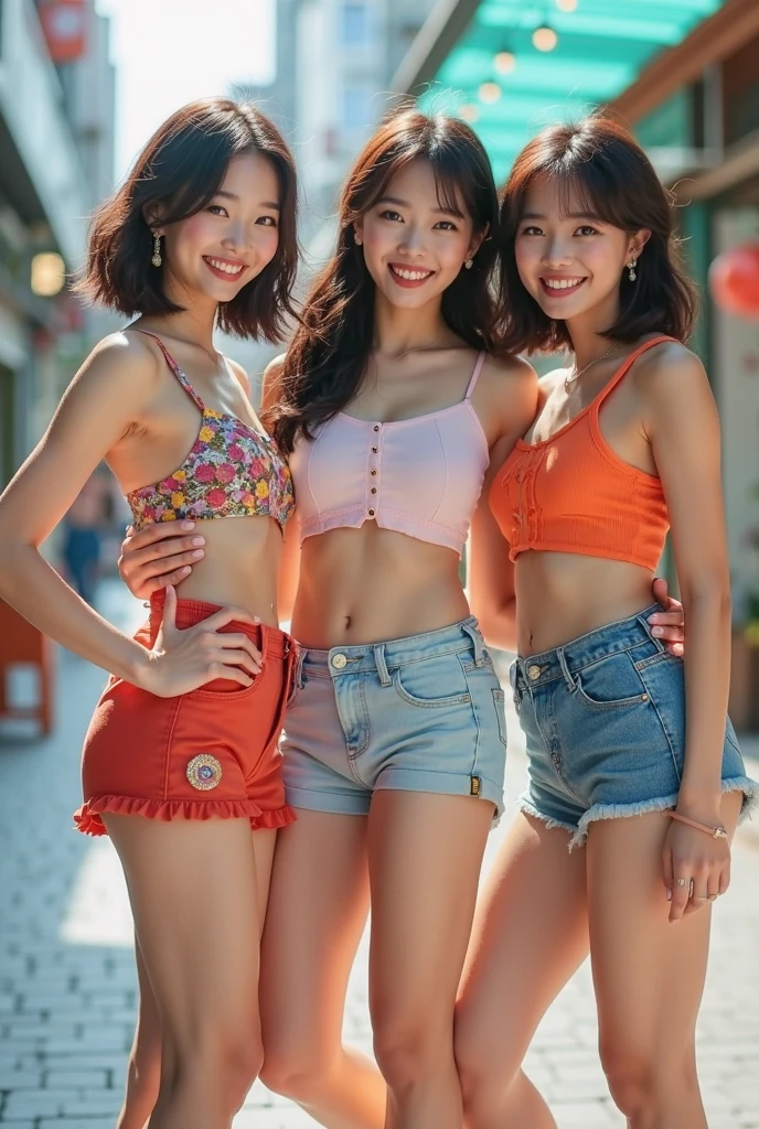3 Korean women dancing on the grassland, 1.65 meters tall, (masterpiece, beautiful people, smiles), Virtual YouTube, cheerful play, their eyes are firm and hopeful, behind them is a blue sky, ponytail, fringed head, shorts, denim shorts, detailed skin texture, detailed cloth texture, exquisite and detailed face, masterpiece, slim waist, slim body, shot from bottom to top,