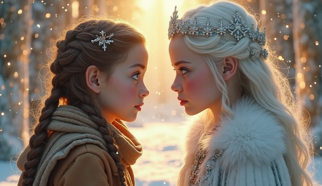 8 YEAR OLD IDENTICAL TWINS WINTER PRINCESSES, WOLVES, WEARING WHITE PRINCESSES DRESSES, WINTER, SNOWING, NATURE, SURRONDED BY WHITE WOLVES,8K, FANTASY, resolution concept art portrait by Greg Rutkowski, Artgerm, WLOP, Alphonse Mucha dynamic lighting hyperdetailed intricately detailed Splash art trending on Artstation triadic colors Unreal Engine 5 volumetric lighting",