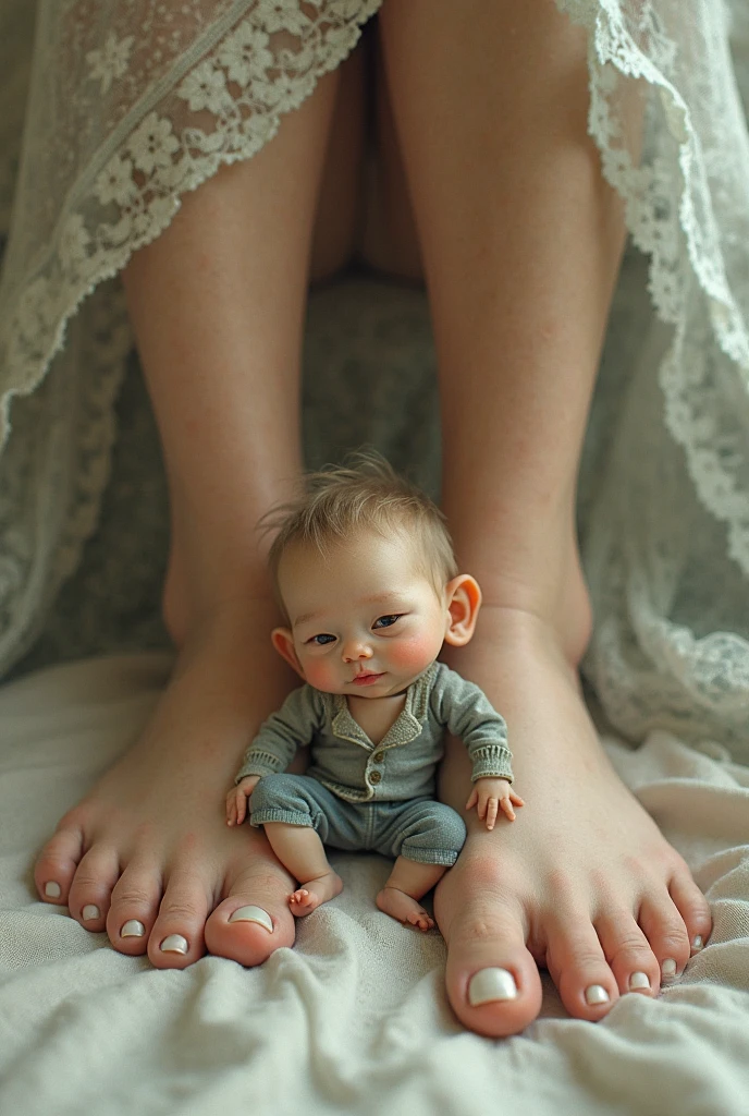 There's a baby lying on a bed with a white sheet, crawling towards the camera, holding it out to the camera, relaxing and smiling at camera, deitado com os pulsos juntos, reclinado na cama, menino bonito, Pose satisfeita, holding her hands to her face, deitado na cama, deitado em uma cama, happy wise. ele tem barriga saltitante