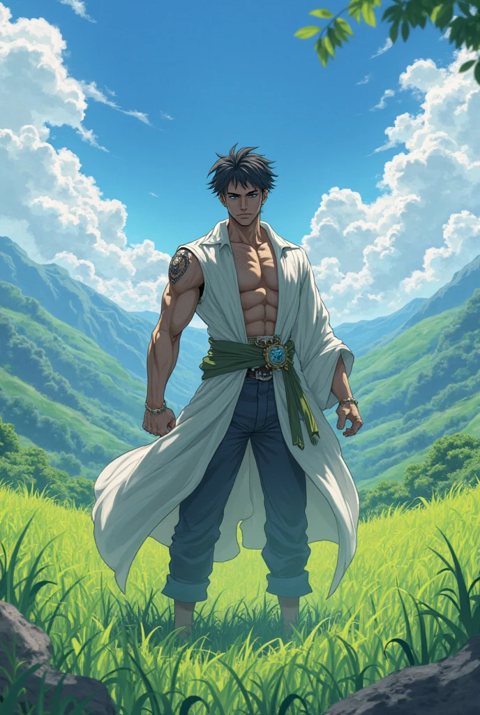 A man in open green fields. Animated like anime character zoro from one piece. 