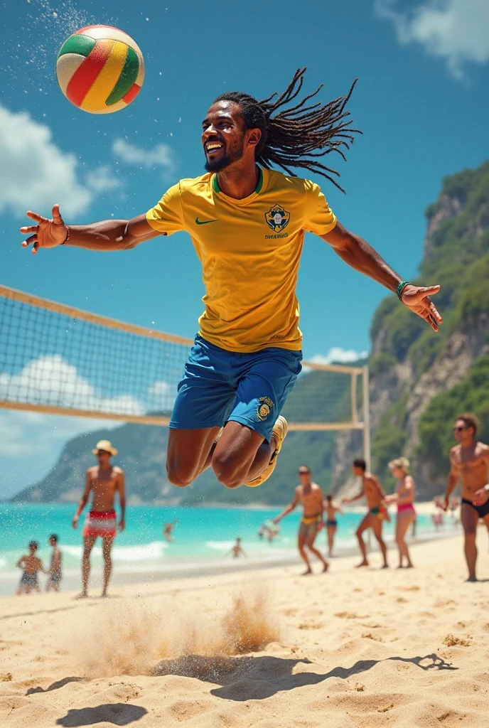 A handsome 27-year-old tall white young man in a men's fashion show on the beach shore wearing a green, yellow and blue Brazilian swimsuit with a beach ball in his hand. Many people applaud him and bubbles are around him. Tight boxer shorts in the colors of the Brazilian flag. Unshaved, white, tall with black hair.