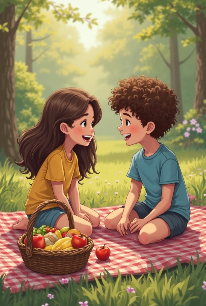 1. **Personagens:**
- **Person on the left:** Draw a female character with straight, medium brown hair, white ethnicity,with brown eyes wearing a green dress. Give her a cheerful look and a friendly pose - **Person on the right:** Draw a male character with curly hair, black ethnicity, wearing a green t-shirt and white shorts. He may be smiling and looking at the character on the left., with their arms around each other they are having a cartoon picnic