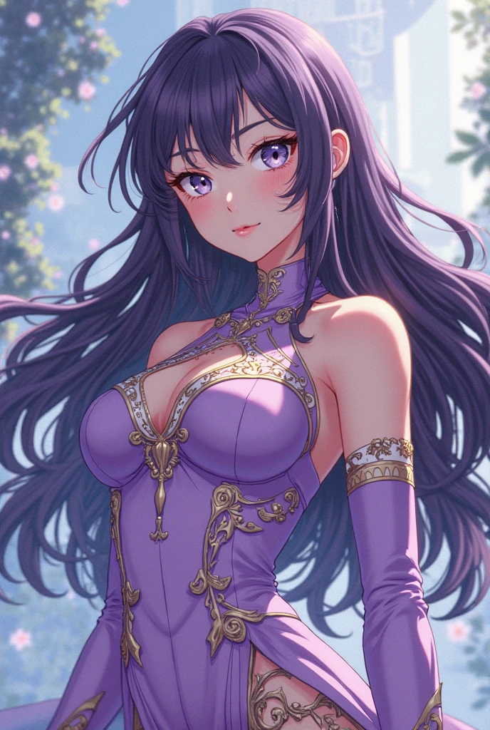 (Absurd, High resolution, Super detailed), masterpiece, Hinata(bolt), ((alone)), One girl,Medium chest, Long purple Victorian dress, Mouth closed, (((Long Hair))),Are standing, Bodice and skirt patterns, Frilled Skirt, race, Blinking blinking effect, (((Detailed lips))), garden, Pink and yellow flowers, ((Realistic Skin)), Glowing Skin, ((Glossy Red Lips)), Purple eyes, Portraiture, beautiful, smile, (((Dark blue hair))), Bust Crop, Normal skin