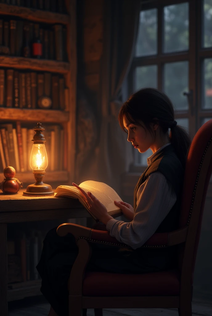 a girl studying at dusk, wooden floor with kitten on the table, eerie atmosphere, book movement, light "snow outside the window" falling, cinematic lighting, mystical, atmospheric, 3D rendering, high details, trends on ArtStation , 4K resolution, ultra-defined detailed pixel