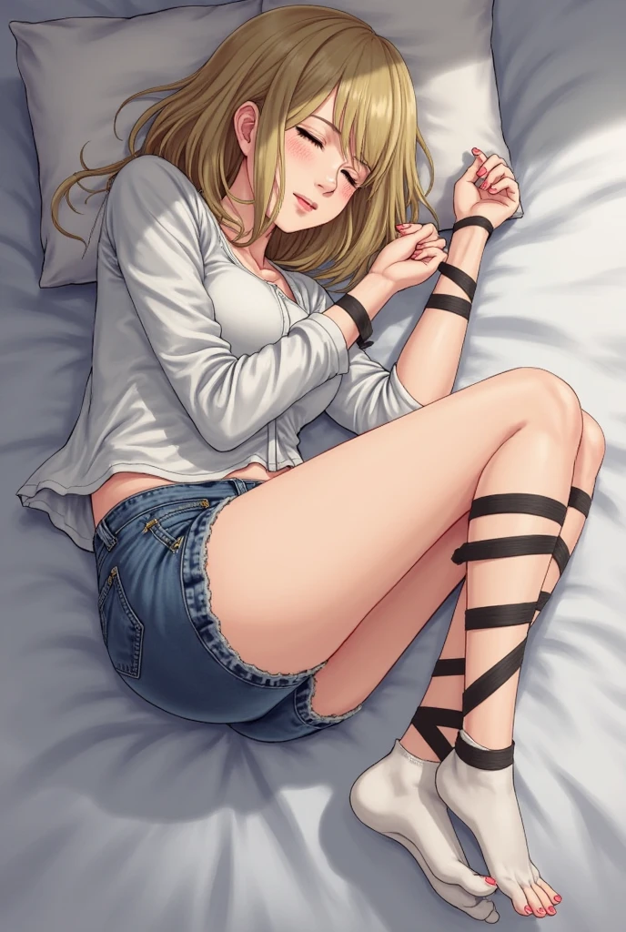 Shiny blond hair, very long hair, sophisticated haircut, ((((hair fully braided)))), ((small twisted braids)), thin and oval face, submissive, (((gagged))), ((((open denim jacket showing her breasts)))), cute and blushing 18 years old anime girl, look away because she is embarrassed and blushes, bright blue eyes, detailed face, detailed members, detailed arms, detailed hands, ((((sparkling diamond jewelry)))), tiara, ((makeup)), high heels, puffy sleeves, long gloves, long eyelashes, Girl lying, tied by ropes, shackled, can no longer move, tied tightly, very hard tied up with lots of ropes, hampered by so many ropes that she can no longer move, bound hands and feet, ropes tie his whole body, tied extremely tightly and forcefully to her bed by a lot of ropes, its limbs are strongly tied together by ropes, his torso is tied up with thick cords, her chest is so tied up with ropes that it sticks out, her legs are tied tightly with thick ropes, his hands are tied behind his back with ropes, she can no longer move her feet, her hands which are tied by thick ropes, she desperately tries to free herself, likes to be tied tight with big ropes, likes to be immobilized by big ropes, lying down, his hands and feet are strongly tied to the railing of his bed, his legs are pressed together and tied with ropes, its limbs are held vigorously by imposing ropes, her hands are tied securely behind her back by ropes, her chest is compressed by strong ropes, she is pressed against her bed and restrained by large ropes (shibari, arms behind the back:1.4), (hands on the back), (masterpiece, best quality) 1.5, 1girl, solo, (sexy, beautiful woman, perfect face, perfect eyes, perfect hands), samus aran, (shibari, arms behind the back:1.4), (hands on the back), Spread the legs, s' ((lie in bed by big ropes)), ((close up of the girl)), ((((lie in bed))))
