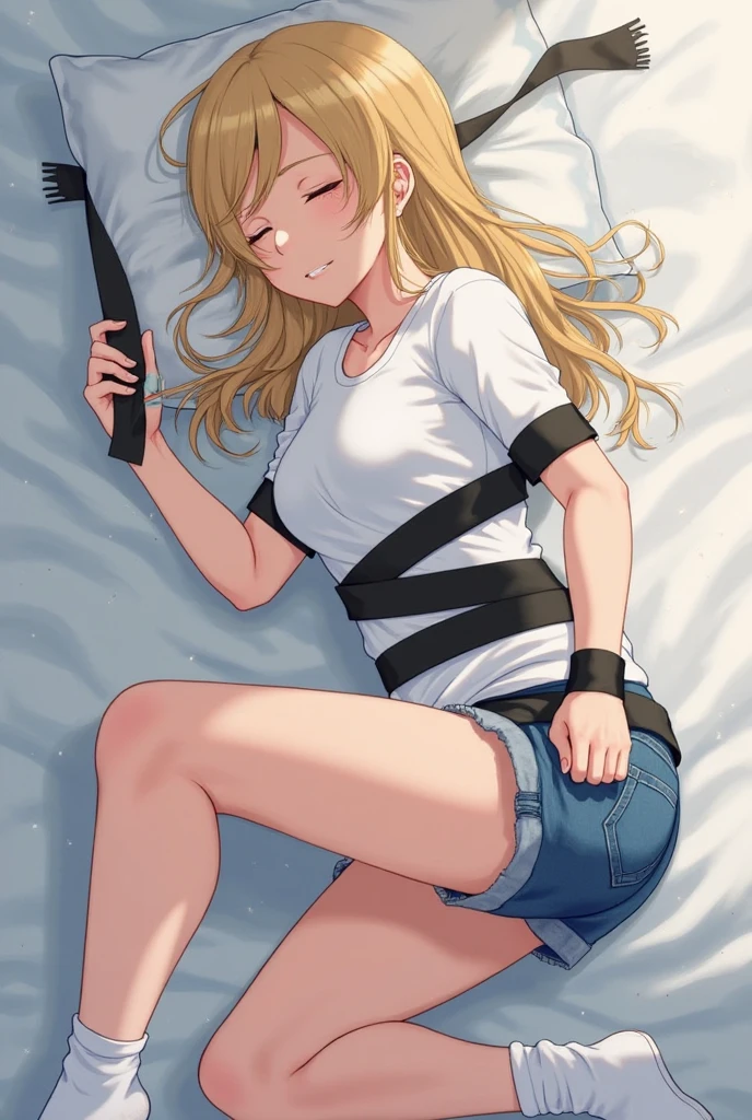 Shiny blond hair, very long hair, sophisticated haircut, ((((hair fully braided)))), ((small twisted braids)), thin and oval face, submissive, (((gagged))), ((((denim jacket)))), cute and blushing 18 years old anime girl, look away because she is embarrassed and blushes, bright blue eyes, detailed face, detailed members, detailed arms, detailed hands, ((((sparkling diamond jewelry)))), tiara, ((makeup)), high heels, puffy sleeves, long gloves, long eyelashes, Girl lying, tied by ropes, shackled, can no longer move, tied tightly, very hard tied up with lots of ropes, hampered by so many ropes that she can no longer move, bound hands and feet, ropes tie his whole body, tied extremely tightly and forcefully to her bed by a lot of ropes, its limbs are strongly tied together by ropes, his torso is tied up with thick cords, her chest is so tied up with ropes that it sticks out, her legs are tied tightly with thick ropes, his hands are tied behind his back with ropes, she can no longer move her feet, her hands which are tied by thick ropes, she desperately tries to free herself, likes to be tied tight with big ropes, likes to be immobilized by big ropes, lying down, his hands and feet are strongly tied to the railing of his bed, his legs are pressed together and tied with ropes, its limbs are held vigorously by imposing ropes, her hands are tied securely behind her back by ropes, her chest is compressed by strong ropes, she is pressed against her bed and restrained by large ropes (shibari, arms behind the back:1.4), (hands on the back), (masterpiece, best quality) 1.5, 1girl, solo, (sexy, beautiful woman, perfect face, perfect eyes, perfect hands), samus aran, (shibari, arms behind the back:1.4), (hands on the back), Spread the legs, s&#39; ((lie in bed by big ropes)), ((close up of the girl)), ((((lie in bed))))