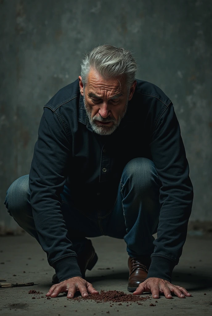Demian Bichir, scruffy greasy grey hair, pale, sweaty, red-rimmed eyes with haunted look, dry skin, looking drunk, scared, wearing faded old hoodie, holey jeans, dirty trainers, sitting on the floor of an empty house, bare boards, peeling paint,