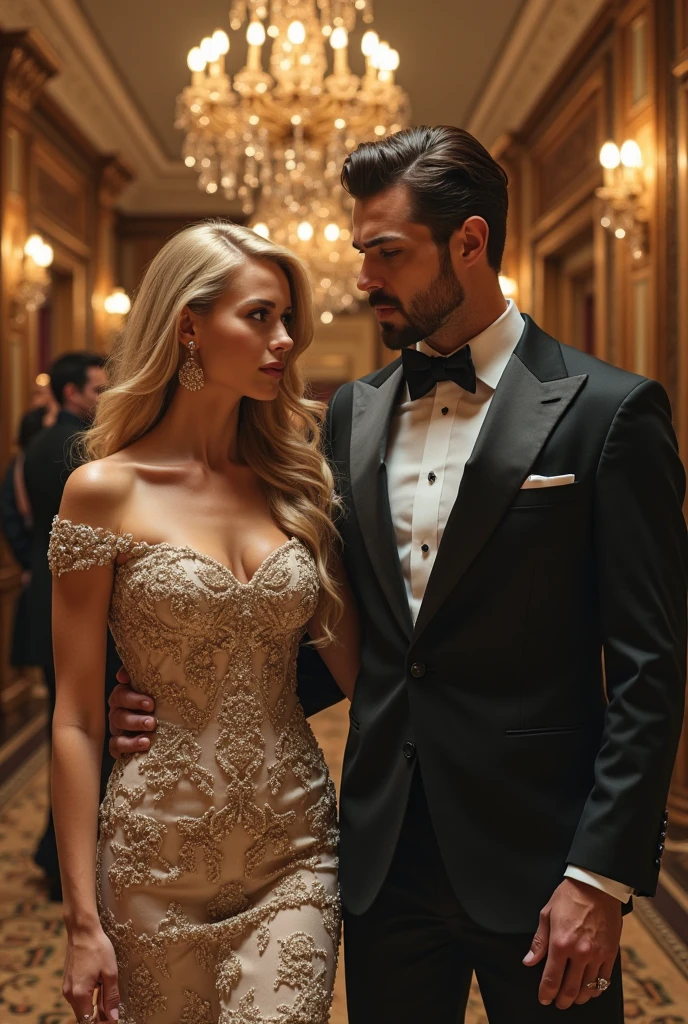 Capturez le glamour des loucos de l'année 20 inspirés par eux 'Ô Grande Gatsby',' avec une femme malaia dans une robe style melindroso, orné de perles et de plumes, situé dans un manoir luxueux, faisant l'amour dans un couloir adossé contre un mur,
