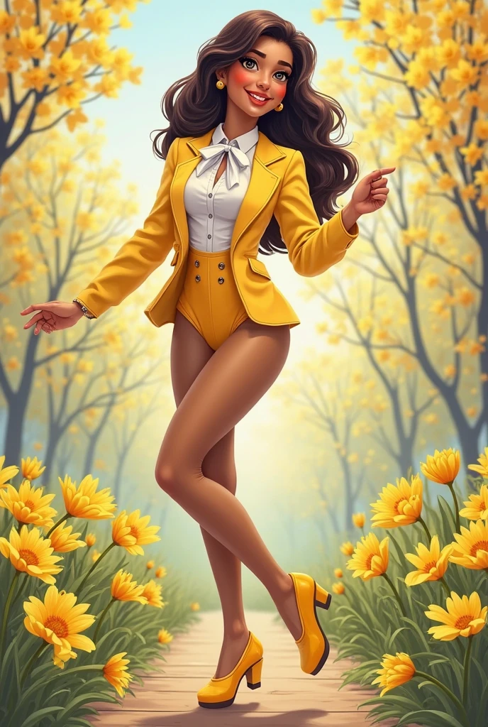 Megan Thee Stallion at the autumn colorful park, wearing a flared short skirt and blouse, taken from the side, best quality masterpiece, photorealistic, detailed, 8k, HDR, shallow depth of field, broad light, high contrast, backlighting, bloom, light sparkles, chromatic aberration, sharp focus, RAW color photo, golden hour, green grass
