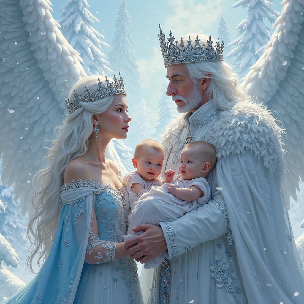 royal family of blonde people with snow powers. A tall woman, A tall man, a long haired child of about , a younger boy and a baby 