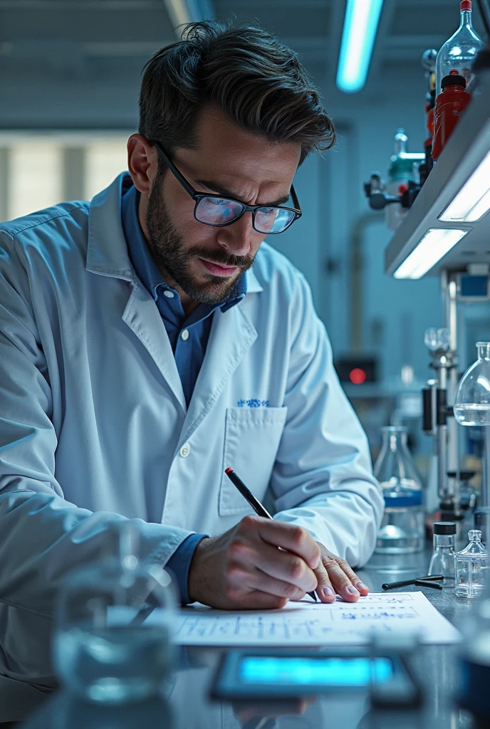 Image for the cover of my notebook with Cristiano Ronaldo in scientist mode performing an experiment in a laboratory