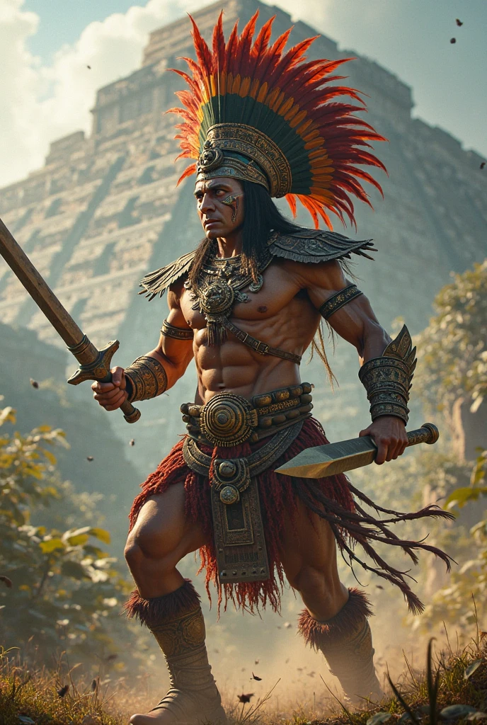 Aztec warrior, typical armor, feather helmet, warrior makeup, wielding a spear and shield, Ready to fight, Whole body