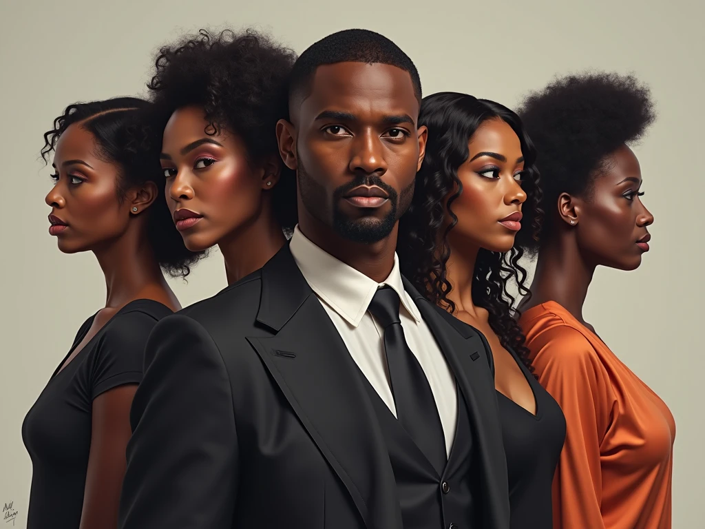 Create a Nollywood movie poster made of one tall, handsome, young,fair skin african man with three very pretty ladies beside him