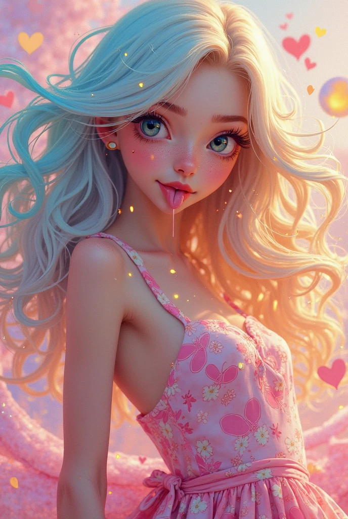 Girl in love，portrait，Many hearts are shining in the sky，flashing love，Glowing Heart，heart-shaped，flashing love：1.5，high saturation，bright colors