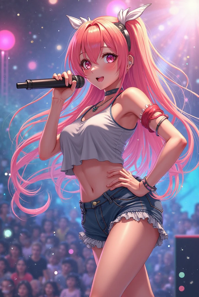 Illustration, cinematic light, high resolution, best quality, ultra detailed, detailed face, (detailed eyes), top quality, super detail, masterpiece, (detailed face), pretty face, best smile, sexy mature woman, (crop top, mini underboob tea, slim waist with navel open, denim skirt with buckle belt: 15) cloth, D cup, cleavage: 2, floating cloth, See-through, choker, open cross, NSFW, high heels, red eyes, neon small glowing hair ends, netted hair, AI fantasy concert, idol, glowing lighting with neon details, dark magic 💕, (Live stage: 1.15) To the audience in the background, stick out the butt and sing: 5, light reflection, heart-shaped iris, playful eyes, open shoulders, rain, ( wet body), small shiny butterflies, hair jewelry, panties, (cute embroidered white string panties)