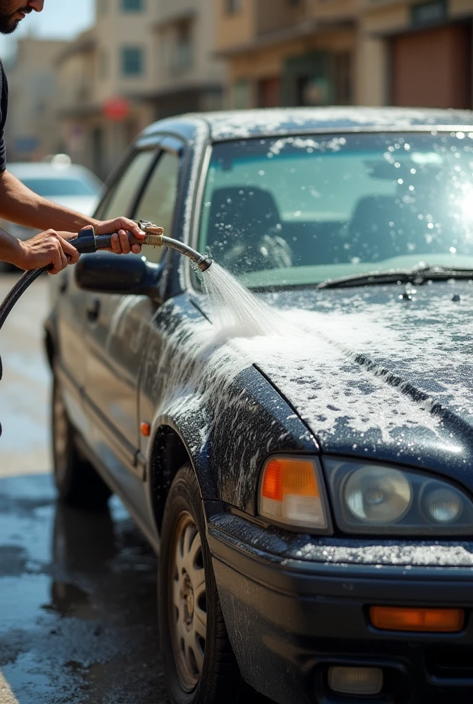 Create an image of a car wash washing a car a very chic car wash top with the number 3899889-1077 very illustrative image that attracts attention