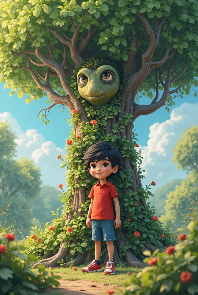 In Cinematic 3d cartoon style"a magical tree talking to a poor teenager boy(boy looking Indian desi boy),few golden coins are scattered on around the tree root, background of boy some butterfly, environment are spring season, image creat in ratio 9:16.