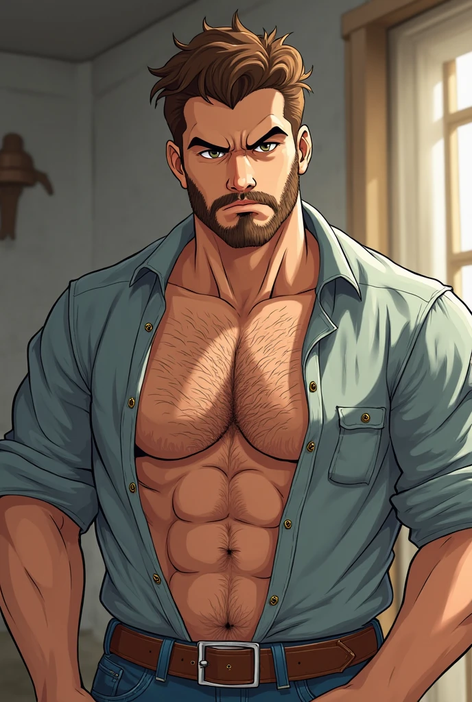wild muscle man, (40 year old daddy:1.1), 1 chico, Alone, (wearing a red plaid shirt outside), (gray t-shirt inside), (big shoulders), musculature, stubble, short beard, pretty eyes:1.3, ), (detailed face:1.3), smiles, Dynamic Angle, volumetric lighting, (Best Quality, A high resolution, photorealistic), cinematic lighting, Masterpiece, raw photo, intricate details, HDR, whole body, Big muscular body, Big Bubble butt, jeans   frontal view