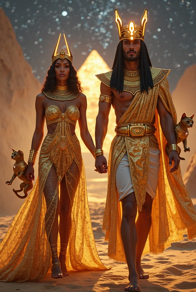 Design an image of Shu and Tefnut, deities from Egyptian mythology, walking side by side. Shu, the god of air, is a male figure with dark brown skin, green eyes, and a feathered headdress, symbolizing his connection to the sky. Tefnut, the goddess of moisture, is a female figure with light brown skin, deep blue eyes, and long black hair, flowing down her back. Both are dressed in traditional Egyptian attire with gold accents. The background should feature an ancient Egyptian landscape, with desert sands and the distant outline of pyramids. They walk in harmony, embodying the balance of air and moisture essential for life. Use masterpiece, best quality, CG, wallpaper, HDR, high quality, ultra detailed face, cinematic, high detail, 8k, raw, high, artstation HQ, unreal engine, octane renderer, 4k resolution, hyperrealistic, highly detailed, and absurdres settings