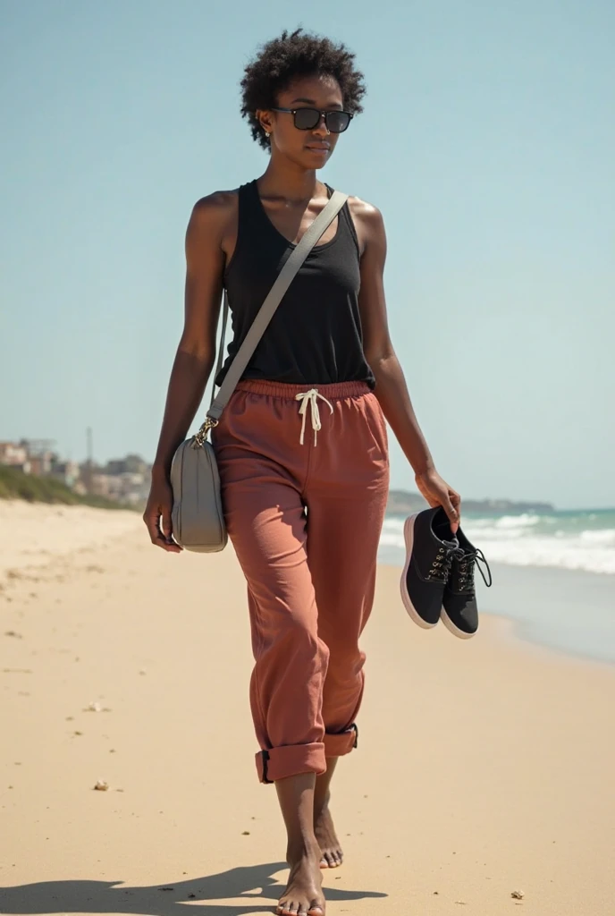 ultrarealistic hires full body photo of a 30-year-old sai pallavi woman, outdoors, realistic skin texture, looking looking at camera, beautiful beach background, short spiky hairstyles, eyeglasses, wear tank top and shorts and sneakers, walking,