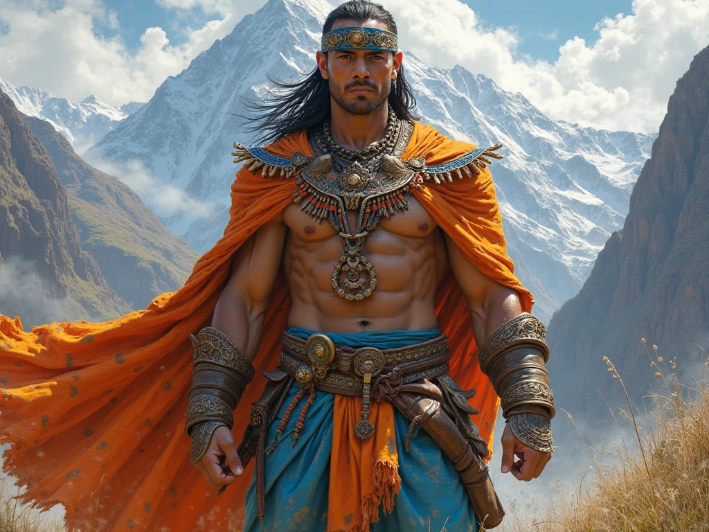 fking_scifi, fking_scifi_v2, portrait of a young, muscular very handsome and attractive Arabic warrior man, in front of an sand desert, long messy hair, hairy body, rich colorful and golden jewelry, close up, regal pose and attitude. fking_cinema_v2.
