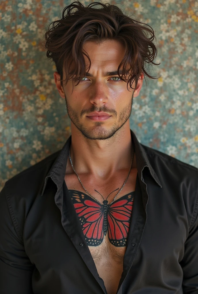 a muscular man, handsome detailed face, short black hair, shirtless, open blood red velvet jacket, sexy expression, looking directly at viewers romantically, black pants, tattooed chest, butterfly tattoo at the centre of chest,
