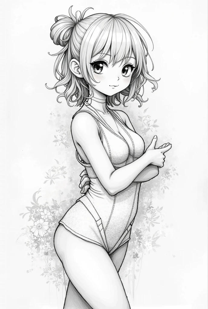 masterpiece, superlative, female, solo, bust closeup, small bikini, medium-long length hair, smiling, white background, monochrome, line drawing, ((sketch)) NSFW