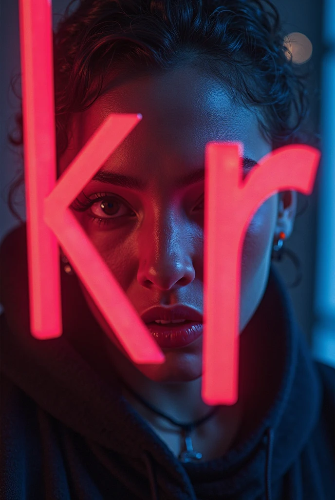 A full-bodied woman in a black blouse against a purple wall, with lots of purple smoke and a backlight. The wall is illuminated with neon letters spelling KUPRIANOVA, with glitter.