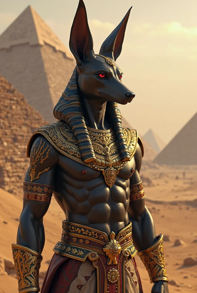 Anubis with a lot of muscle with the background showing the pyramids of Egypt 